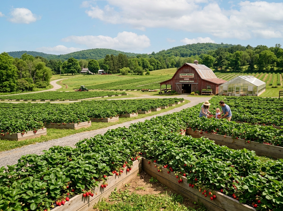 Panoramic view of our strawberry fields with raised beds and fresh crops