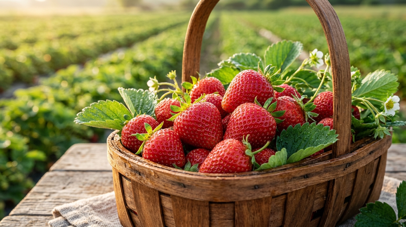 Basket of freshly picked juicy red strawberries at our organic farm