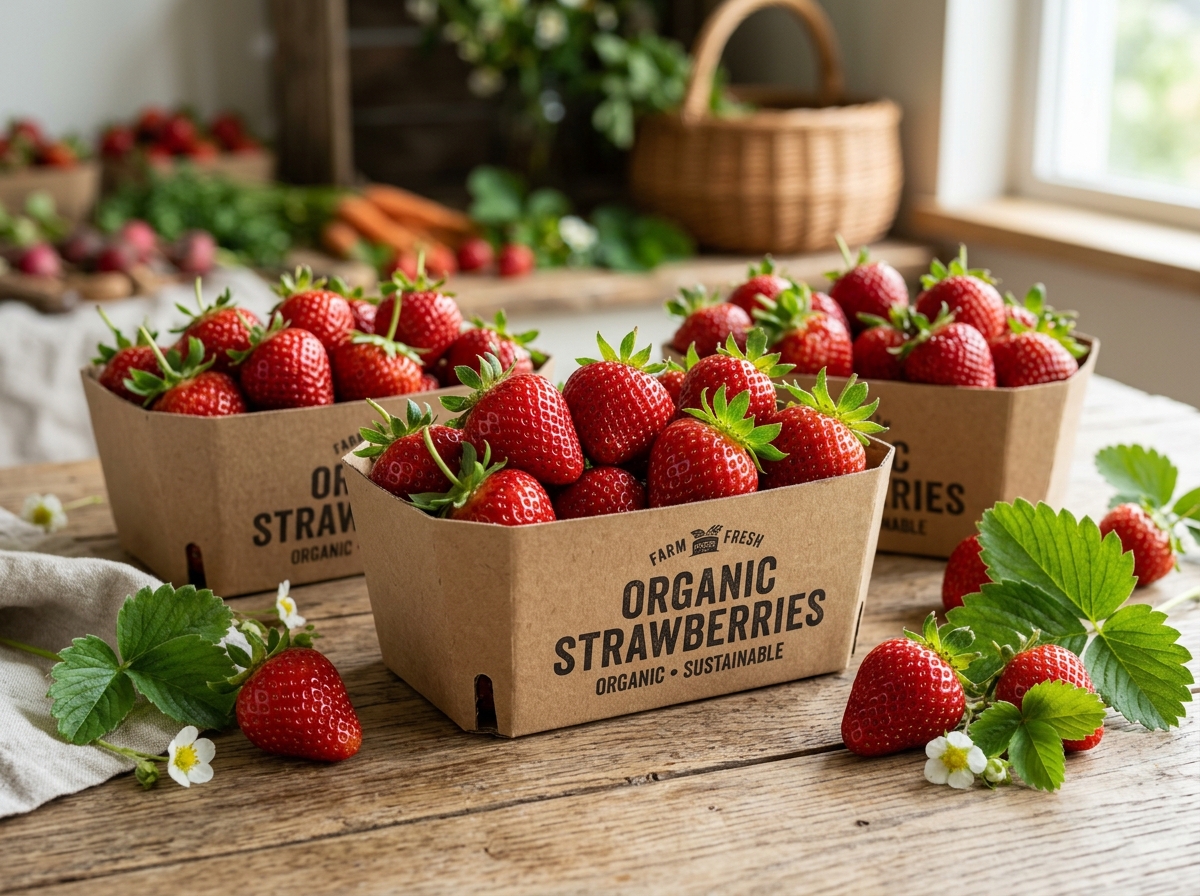 Eco-friendly kraft boxes of freshly picked organic strawberries